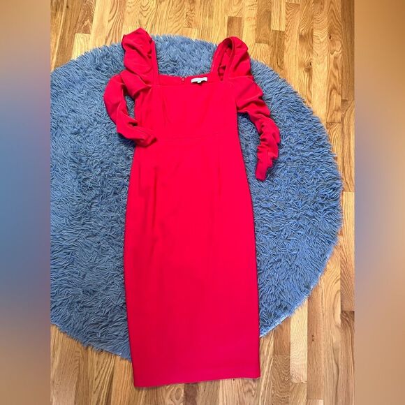 Antonio Melani Cherry Red Francine Square Neck Long Ruched Sleeve Dress Size 6 - Picture 2 of 6